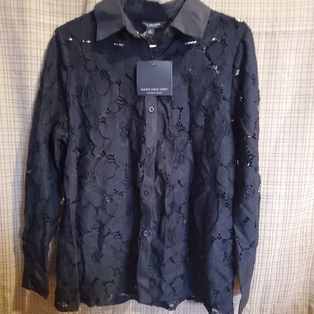 Marc New York Black Lace Button-Up Shirt / Size Med. Long Sleeve - Picture 2 of 16